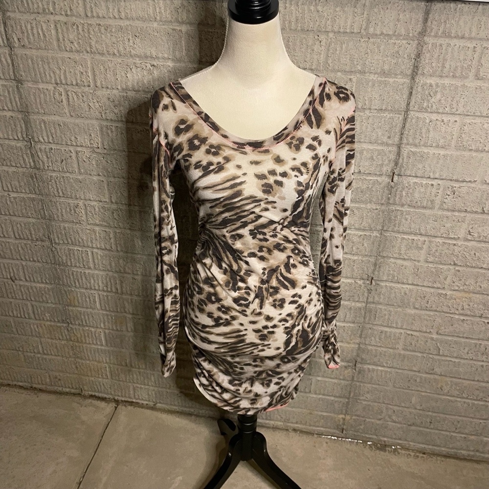 Rebecca Taylor Animal Print Ruched Long‎ Sleeve Bodycon Dress Size Small